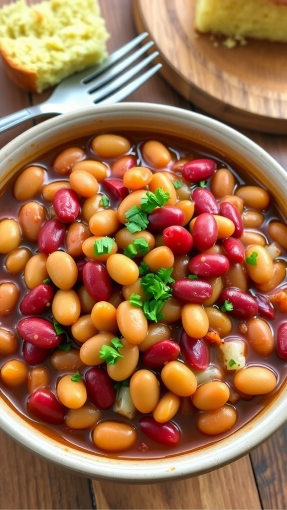 A bowl of savory baked beans made with a mix of six beans, garnished with parsley, on a rustic table with cornbread.